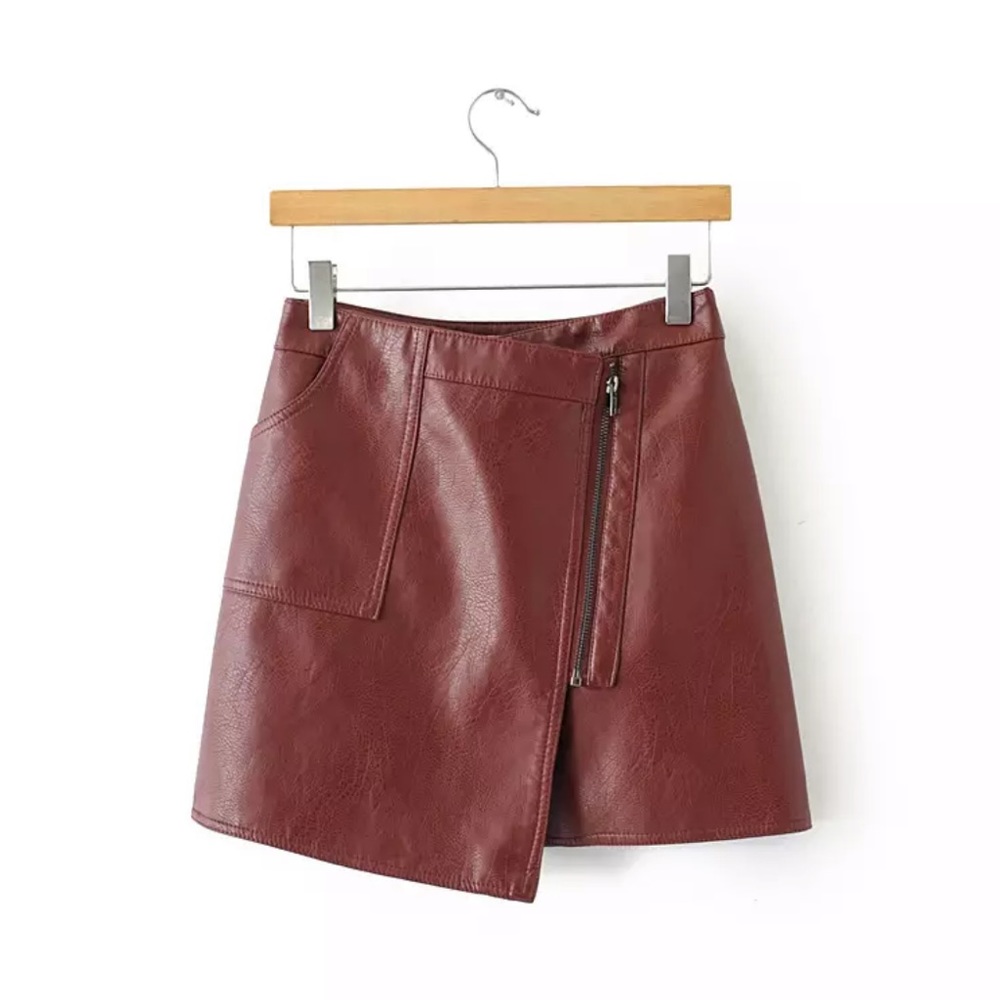 Burgundy asymmetrical leather mini skirt